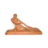 After Ugo Cipriani (1887-1960): A Terracotta Figure of a Fisherman, kneeling, hauling in a net, on a