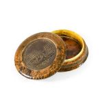 A Culloden 1746 Medallion Set Burr Wood Snuff Box, the circular lift-off lid set with a bronzed