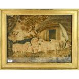 An Early 19th Century Raised Woolwork Picture, pastoral scene with a bull and sheep before a byre,