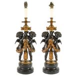 A Pair of Gilt and Patinated Bronze Figural Candlesticks, late 19th century, as two putti draped