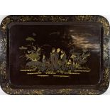 A Victorian Black Lacquer Papier-Mâché Tray, mid 19th century, of rounded rectangular form,