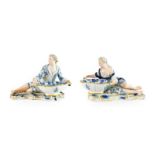 A Pair of Meissen Porcelain Figural Sweetmeat Dishes, circa 1900, modelled as a youth and girl in