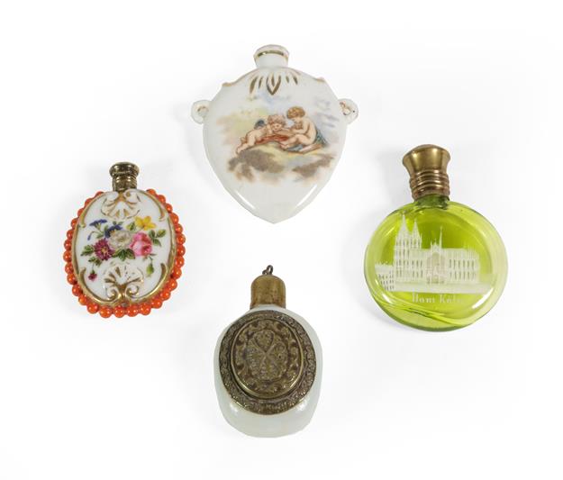 Four Various Scent-Bottles, comprising: a green glass example the front with a depiction of