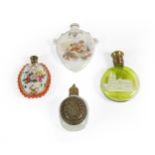 Four Various Scent-Bottles, comprising: a green glass example the front with a depiction of