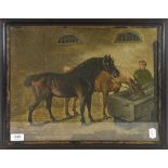 An Early 19th Century Sandwork Picture, depicting two horses in a stable yard drinking from a