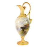 A Royal Worcester Porcelain Ewer, by John Stinton, 1906, of baluster form with scroll handle,