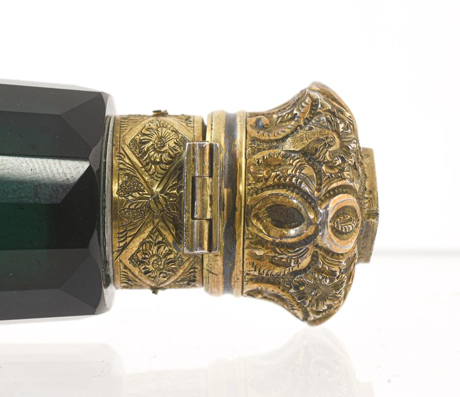 A Victorian Gilt-Metal Mounted Green Glass Scent-Bottle Cum Vinaigrette, Pin-Cushion and - Image 4 of 11