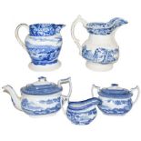 A Staffordshire Pearlware Three Piece Tea Service, circa 1820, printed in underglaze blue with a