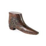 A 19th Century Mahogany Small Boot, with brass pique decoration of suns and moon, the top with