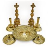 A Pair of Brass Candlesticks, probably Dutch, 17th century, with wrythen fluted columns on