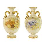 A Pair of Royal Worcester Porcelain Vases, 1890, of ovoid form, the fluted necks with serpent