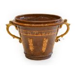 A Slipware Planter, dated 1878, of flared cylindrical form with twin scroll handles, trailed with