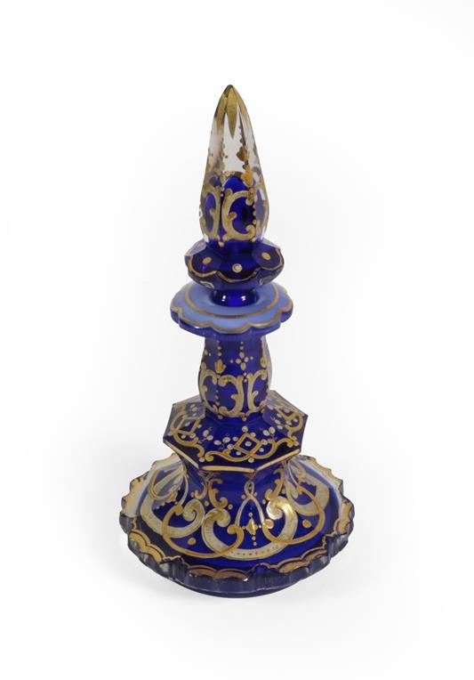 Three Glass Scent-Bottles, comprising: a gilt-heightened blue glass example, 19.5cm high; a cased - Image 3 of 4