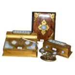 A Victorian Blue Jasper Mounted Gilt Brass Four Piece Desk Set, decorated with classical figures and