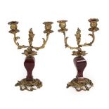 A Pair of Gilt Metal Mounted Tortoiseshell Candelabra, 19th century, with leaf cast scroll