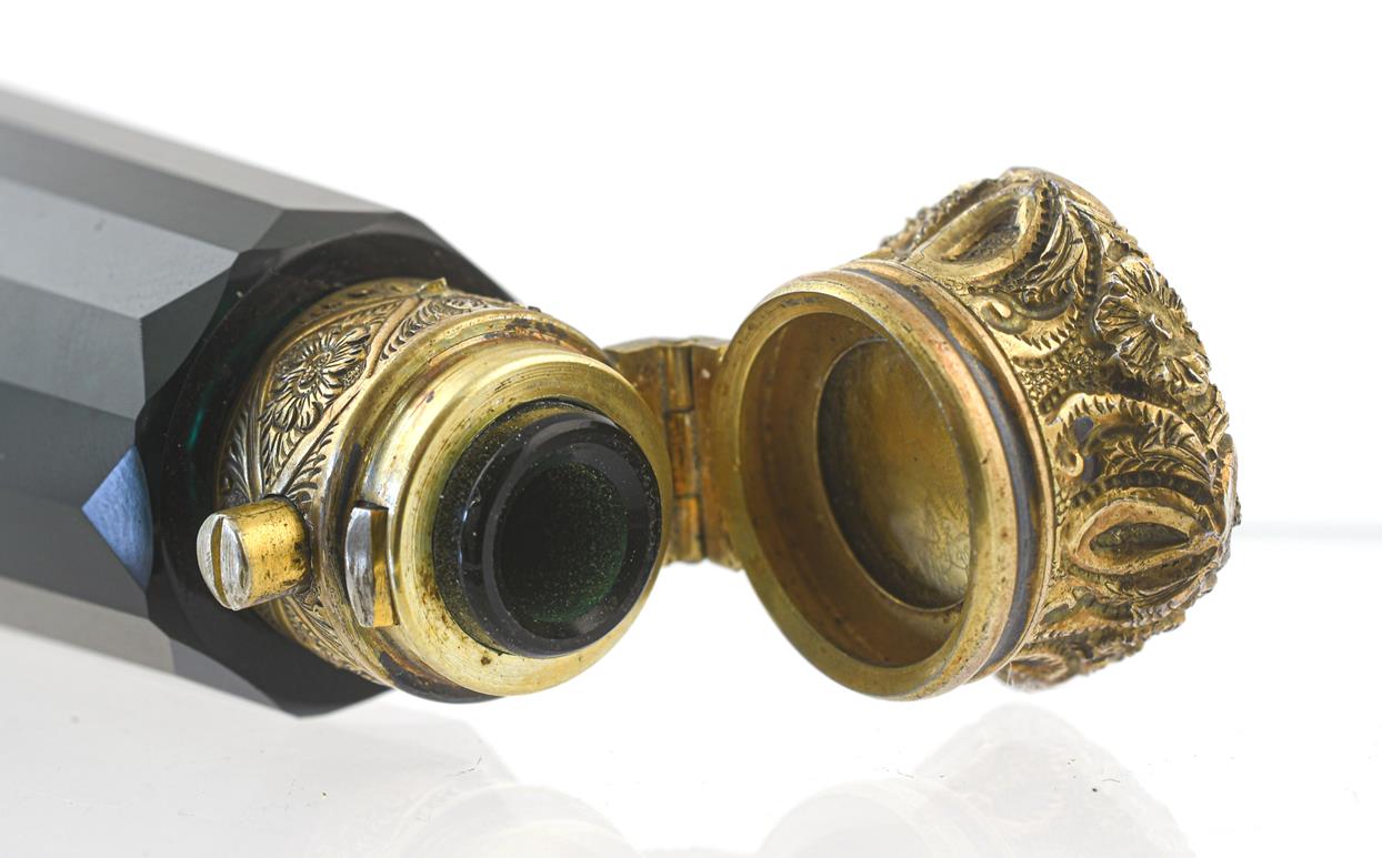 A Victorian Gilt-Metal Mounted Green Glass Scent-Bottle Cum Vinaigrette, Pin-Cushion and - Image 5 of 11