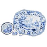 A Cambrian Pearlware Large Platter, circa 1825, printed in underglaze blue with cattle and a