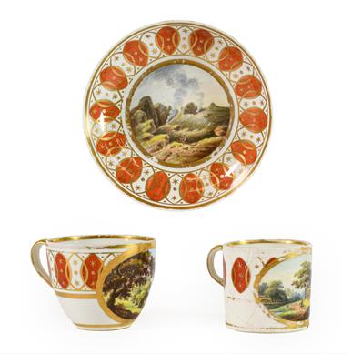 A Derby Porcelain Trio, circa 1780, painted with ''View in Donnington Park, Leicester'', ''View near