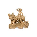 Manner of Clodion: A Terracotta Bacchic Group, as four putti about a goat, on a rocky moulded