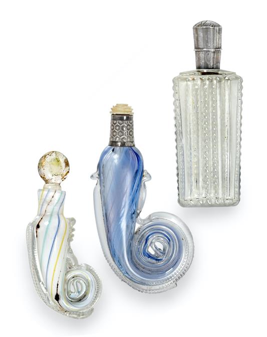 Two Glass Scent-Bottles, each with rolled end, one with silver-mounted neck and carved flower - Image 2 of 2