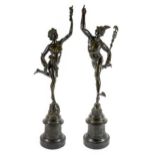 After Gianbolognia (1529-1608): A Pair of Bronze Figures of Mercury and Fortuna, on black slate