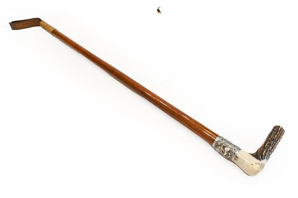 A Late Victorian Malacca Hunting Whip, with antler handle and silver collar richly embossed with a - Image 2 of 2