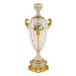 A Royal Worcester Porcelain Vase, early 20th century, of baluster form with twin scroll handles,