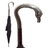 A Victorian Silver Mounted Parasol, London 1888, the handle as a bird's head with cabochon eyes,