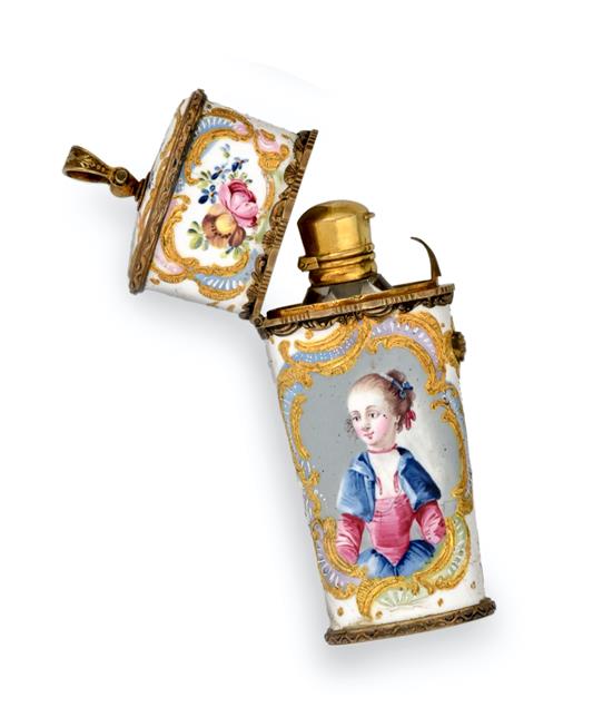 A George III Gilt-Metal Mounted Enamel Etui With Scent-Bottle, Probably South Staffordshire, Circa