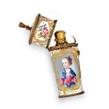 A George III Gilt-Metal Mounted Enamel Etui With Scent-Bottle, Probably South Staffordshire, Circa