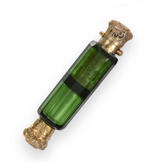 A Victorian Silver Gilt Plate-Mounted Double-Scent-Bottle, Circa 1870, the green glass body with - Image 2 of 5