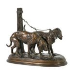 After Paul Edouard Delabrierre (1829-1912): A Bronze Group of Two Hunting Dogs, tethered to a
