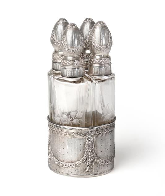 A Set of Four French Silver-Mounted Engraved Glass Scent-Bottles, First Quarter 20th Century, the