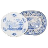 A Turner Pearlware Oval Meat Platter, circa 1825, printed in underglaze blue with rustic figures