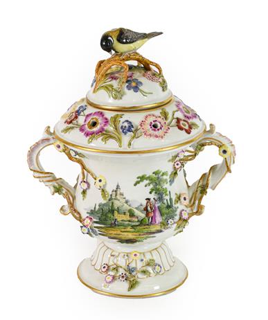 A Helena Wolfsohn Porcelain Twin-Handled Vase and Cover, circa 1900, of campana form with bird