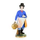 A Gardner Porcelain Figure of a Sbiten Vendor, 19th century, standing wearing a black top hat,