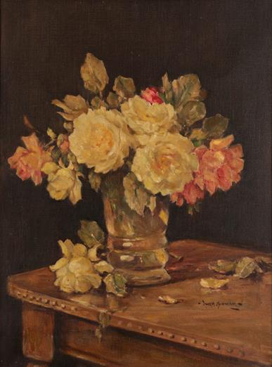 Owen Bowen ROI (1873-1967) Still life of roses in a glass vase on a table Signed, oil on canvas,