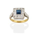 An 18 Carat Gold Sapphire and Diamond Cluster Ring, the square-shaped sapphire within a border of