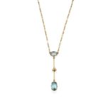 An Edwardian Aquamarine and Split Pearl Necklace, a cushion cut aquamarine suspends a yellow knife