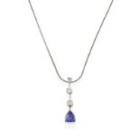 A Tanzanite and Diamond Pendant on Chain, three graduated round brilliant cut diamonds spaced by