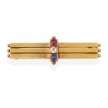A Ruby, Sapphire and Diamond Brooch, the central section formed of a round cut ruby, sapphire and