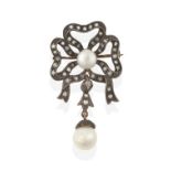 A Late 19th Century Pearl and Diamond Brooch, the ribbon motif set throughout with rose cut