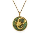 A French Quartz Tiger's-Eye and Green Plaque Pendant on Chain, the circular green plaque applied