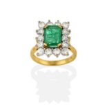 An 18 Carat Gold Emerald and Diamond Cluster Ring, the emerald-cut emerald, within a border of round