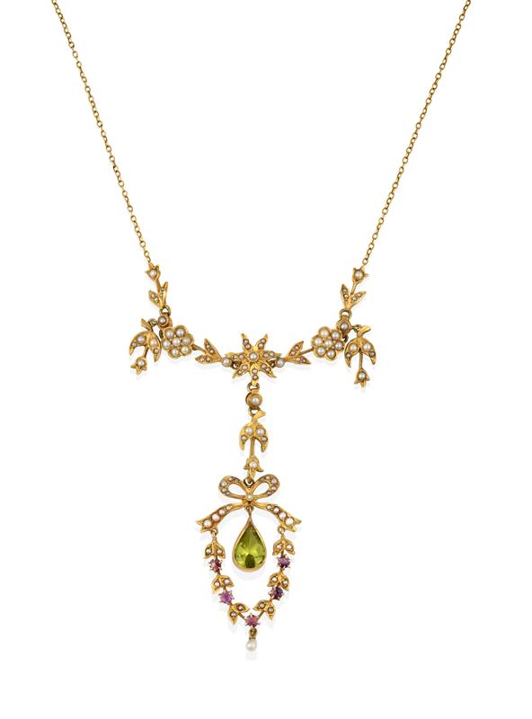 An Edwardian Peridot, Amethyst and Split Pearl Necklace, of foliate form, set throughout with