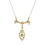 An Edwardian Peridot, Amethyst and Split Pearl Necklace, of foliate form, set throughout with