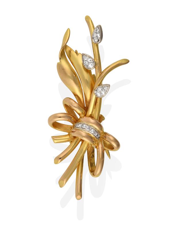 A Diamond Brooch, the yellow floral spray gathered by a ribbon motif, set throughout with eight-