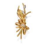 A Diamond Brooch, the yellow floral spray gathered by a ribbon motif, set throughout with eight-