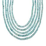 An Aquamarine Bead Necklace, possibly Indian, formed of five rows of faceted aquamarine beads,