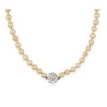 A Cultured Pearl Necklace, the fifty cultured pearls knotted to an old cut diamond cluster clasp, in